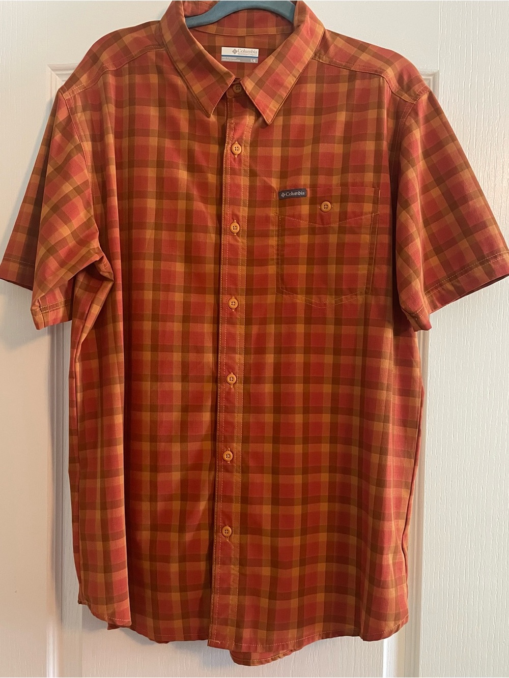 Columbia Short Sleeve Button-Down Shirt Orange Brown Men’s L Outdoor Gorpcore